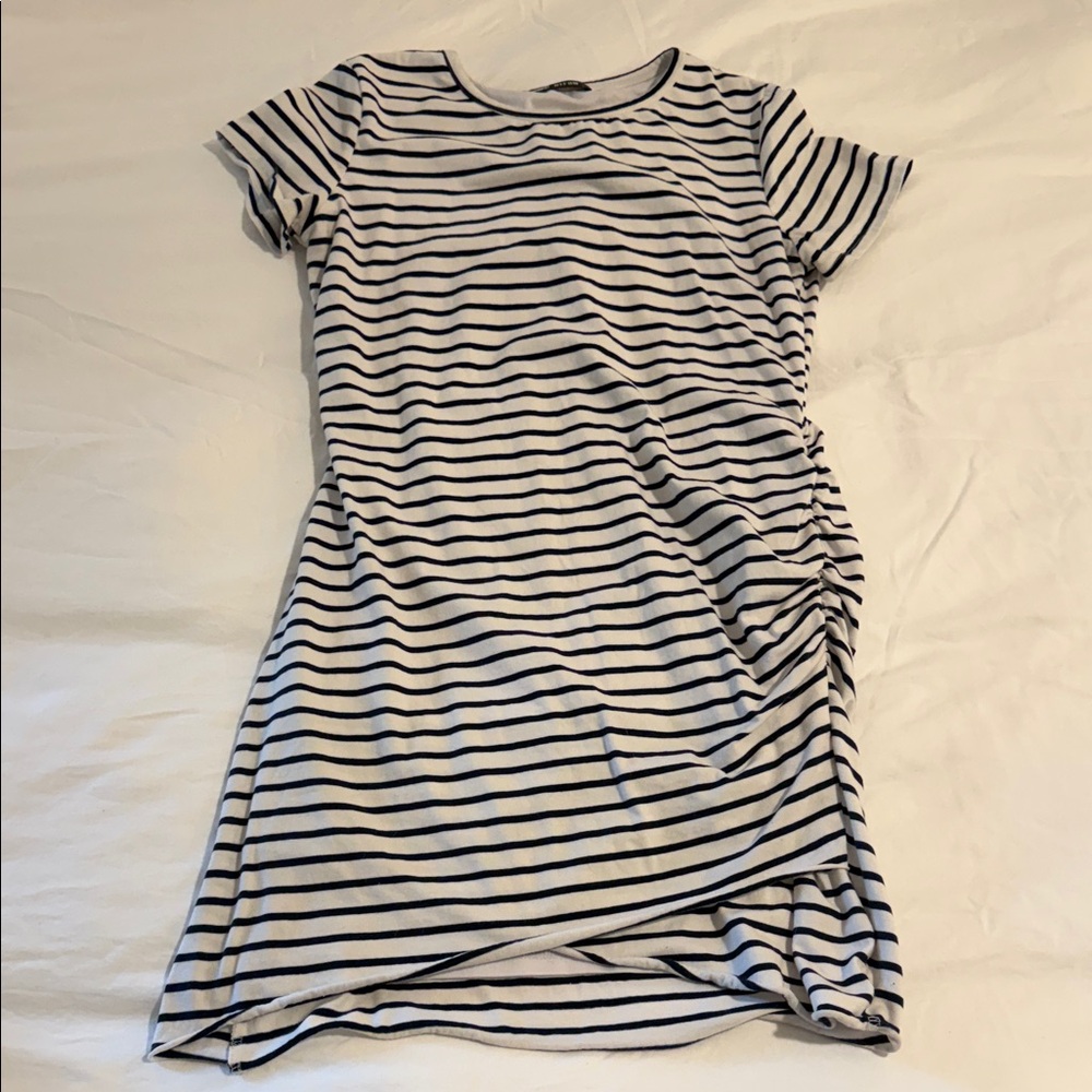 Flattering Ruched Striped Navy and White Dress • Size L